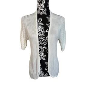 Chico's Size 0 Ivory Ribbed Open Front Cardigan Short Sleeve Layering Knit